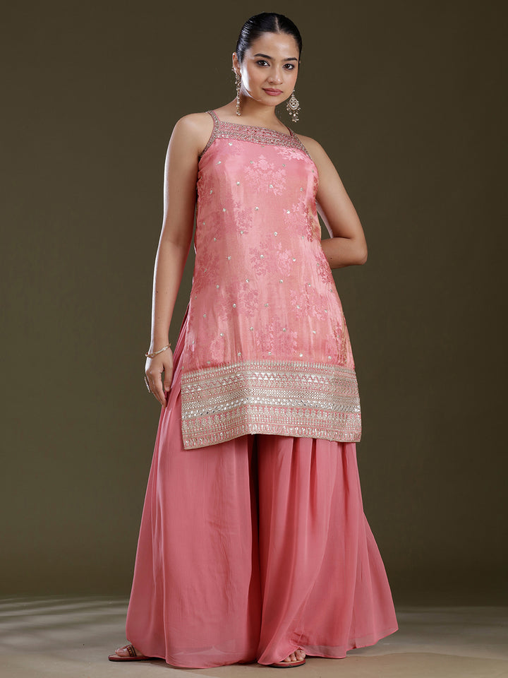 Onion Pink Zariwork (Gold) Tissue Readymade Salwar Suit