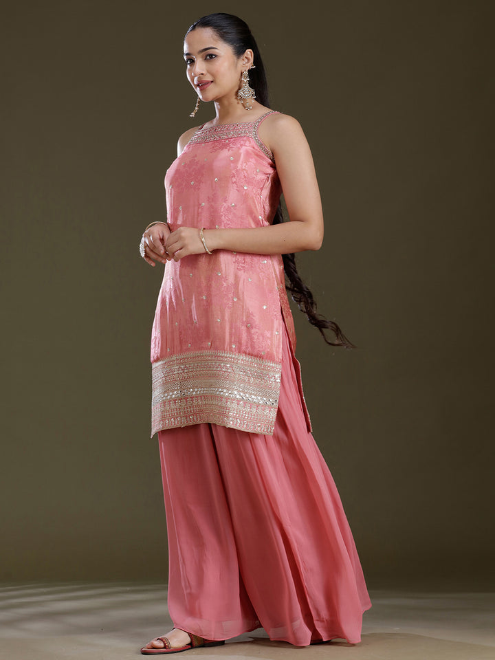 Onion Pink Zariwork (Gold) Tissue Readymade Salwar Suit