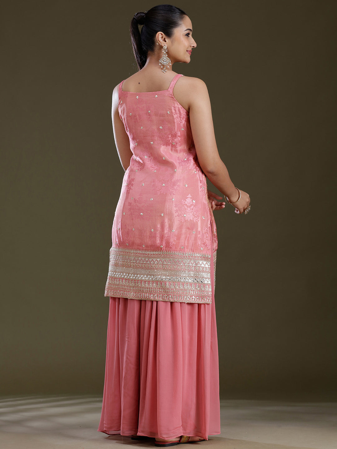Onion Pink Zariwork (Gold) Tissue Readymade Salwar Suit