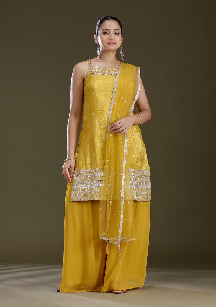Yellow Zariwork (Gold) Tissue Readymade Salwar Suit