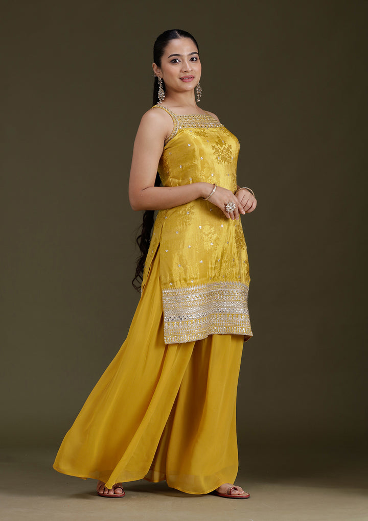 Yellow Zariwork (Gold) Tissue Readymade Salwar Suit