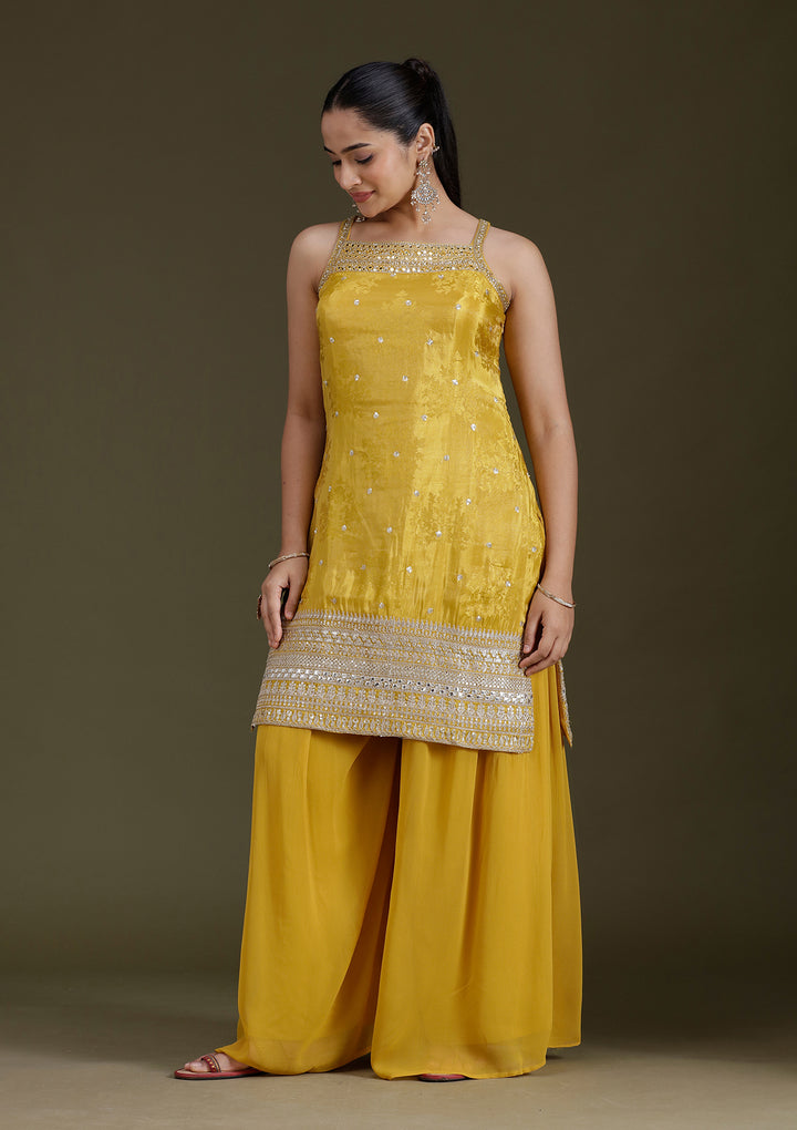 Yellow Zariwork (Gold) Tissue Readymade Salwar Suit