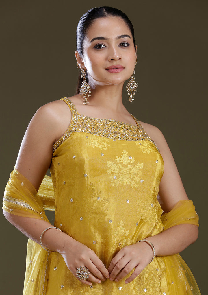 Yellow Zariwork (Gold) Tissue Readymade Salwar Suit