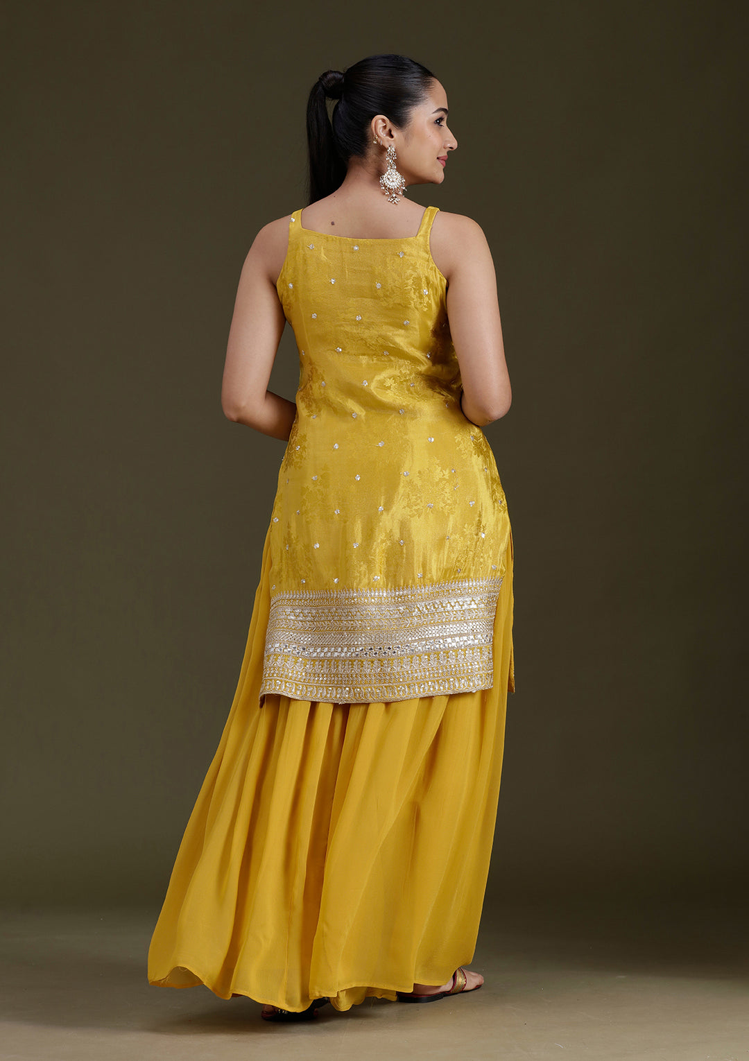 Yellow Zariwork (Gold) Tissue Readymade Salwar Suit