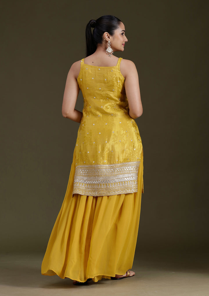 Yellow Zariwork (Gold) Tissue Readymade Salwar Suit