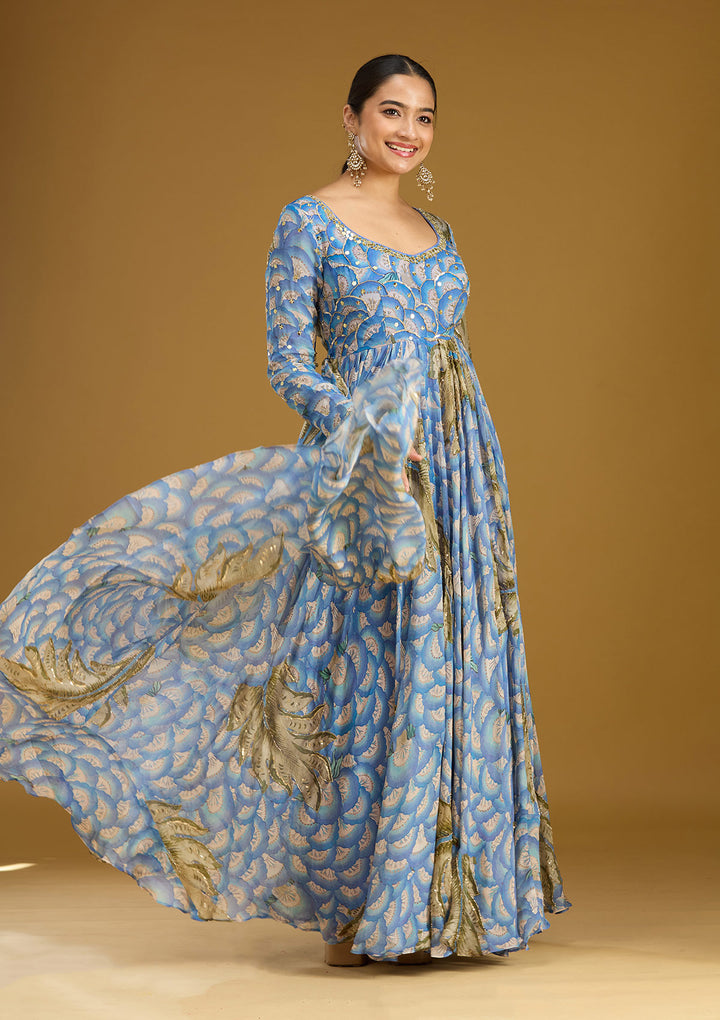 Blue Mirrorwork Crepe Readymade Salwar Suit