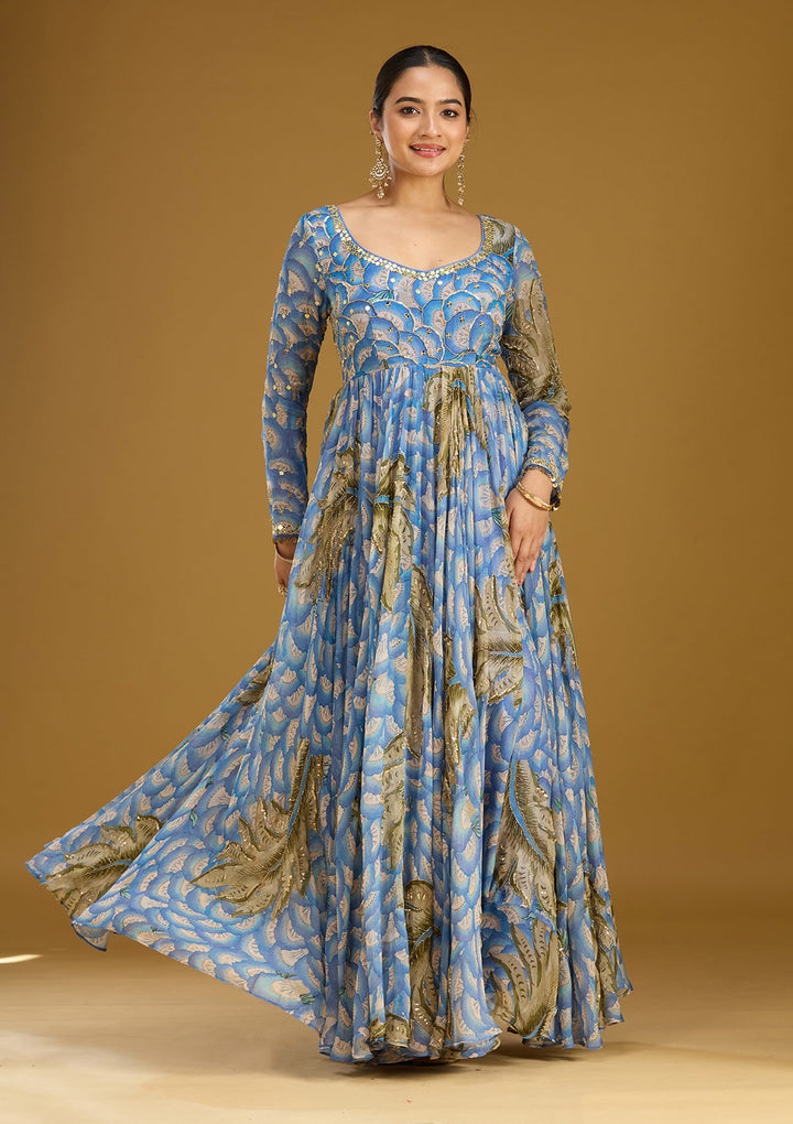 Blue Mirrorwork Crepe Readymade Salwar Suit