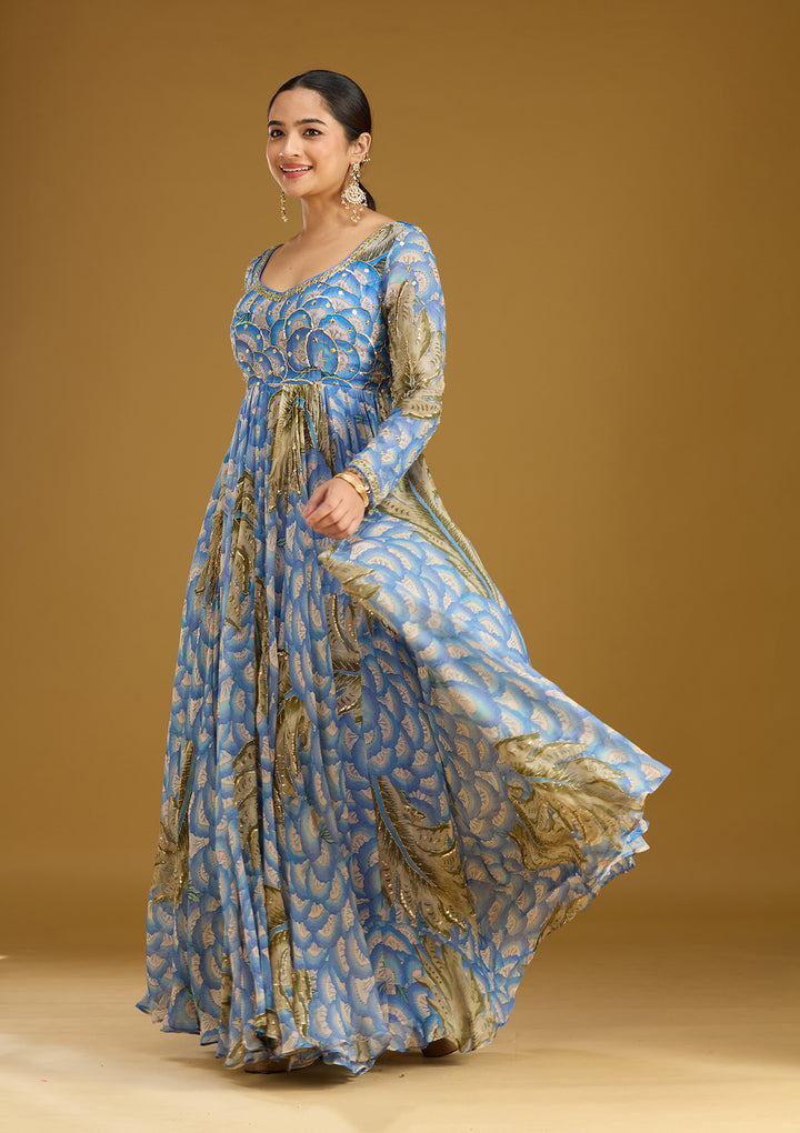 Blue Mirrorwork Crepe Readymade Salwar Suit