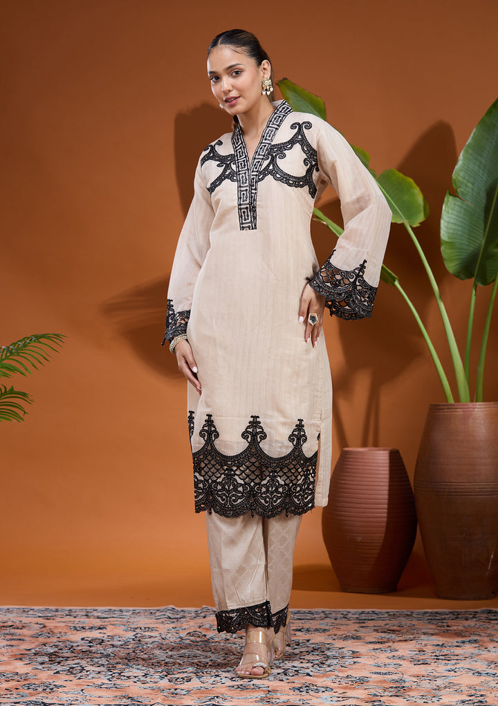 Beige Threadwork Tissue Readymade Salwar Suit