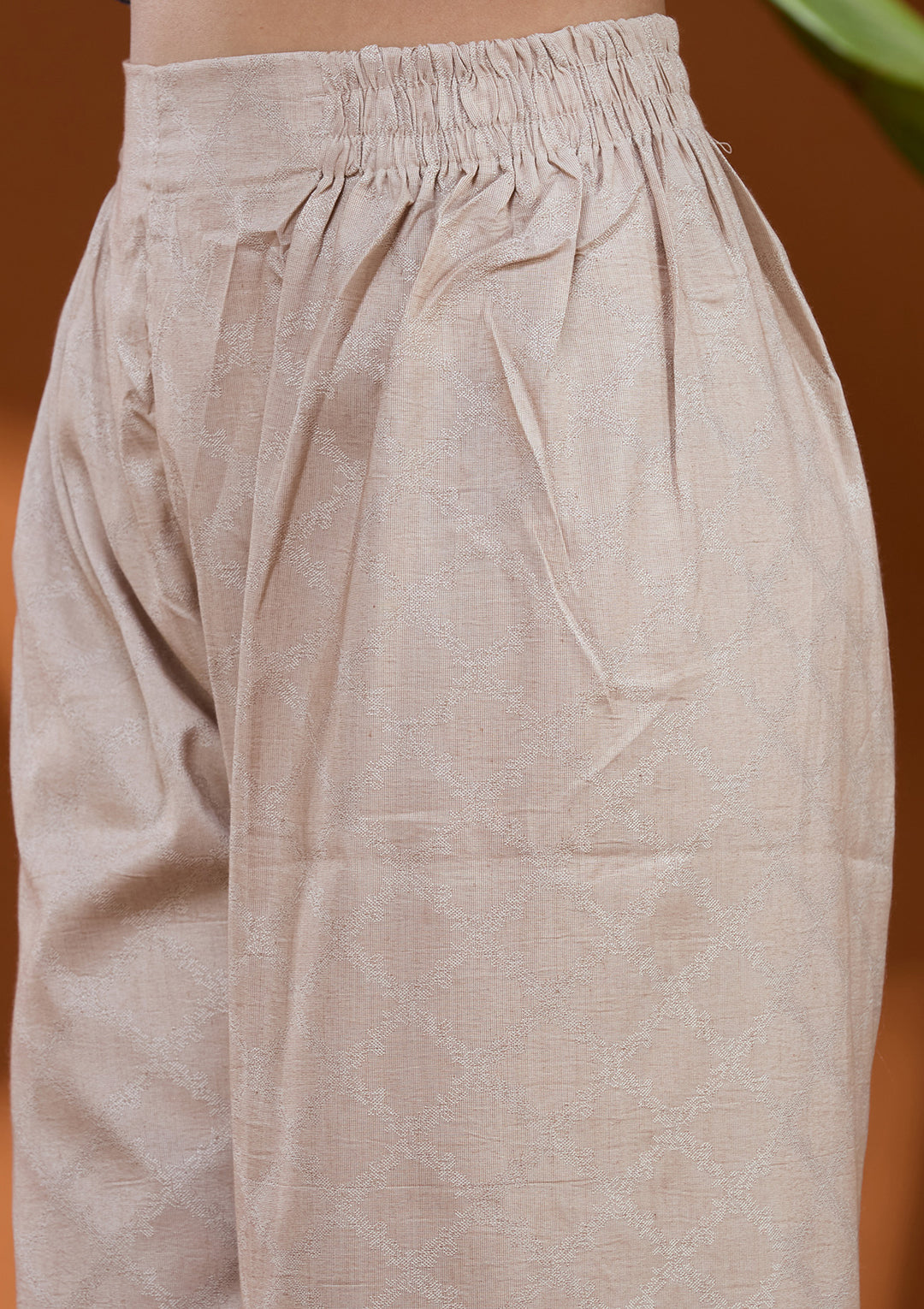 Beige Threadwork Tissue Readymade Salwar Suit