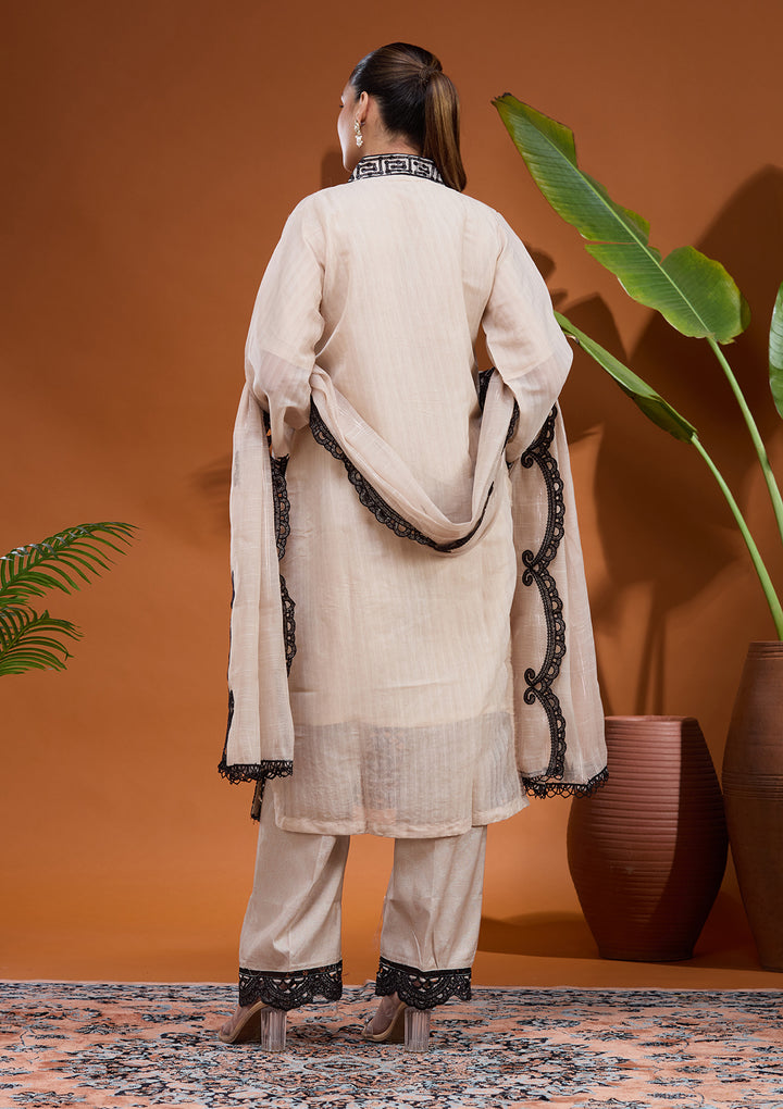 Beige Threadwork Tissue Readymade Salwar Suit