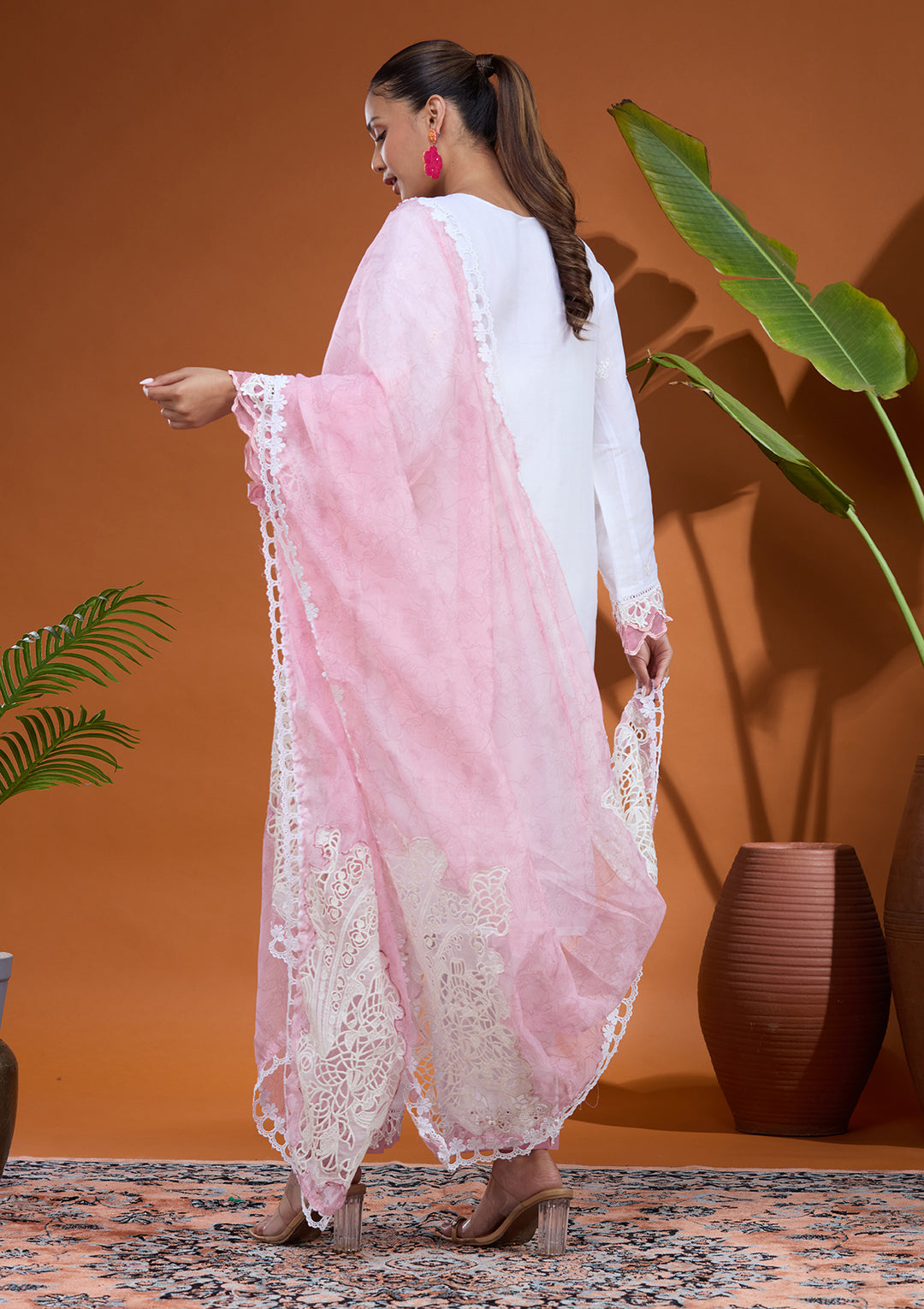 White Threadwork Tissue Readymade Salwar Suit