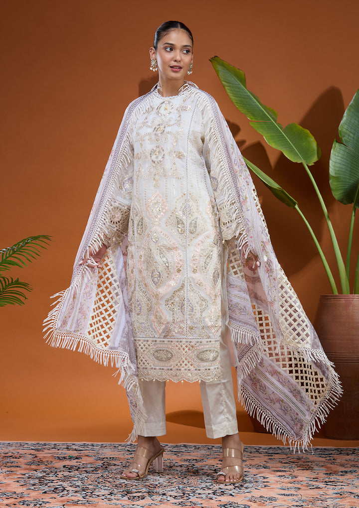 Off White Threadwork Tissue Readymade Salwar Suit