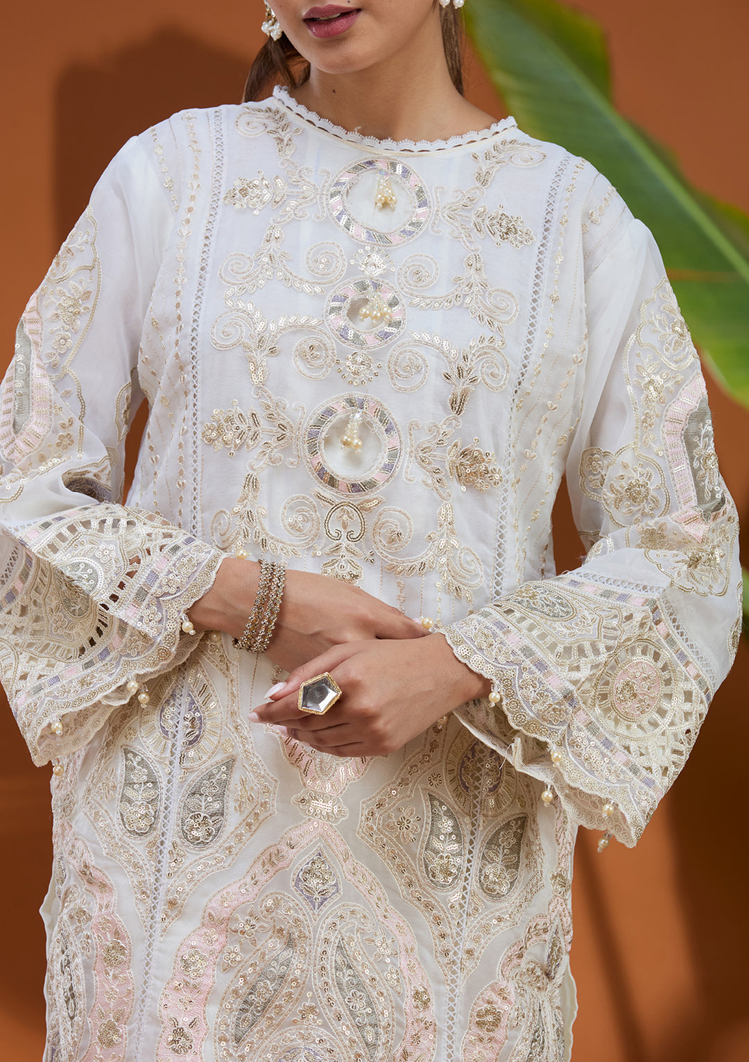 Off White Threadwork Tissue Readymade Salwar Suit