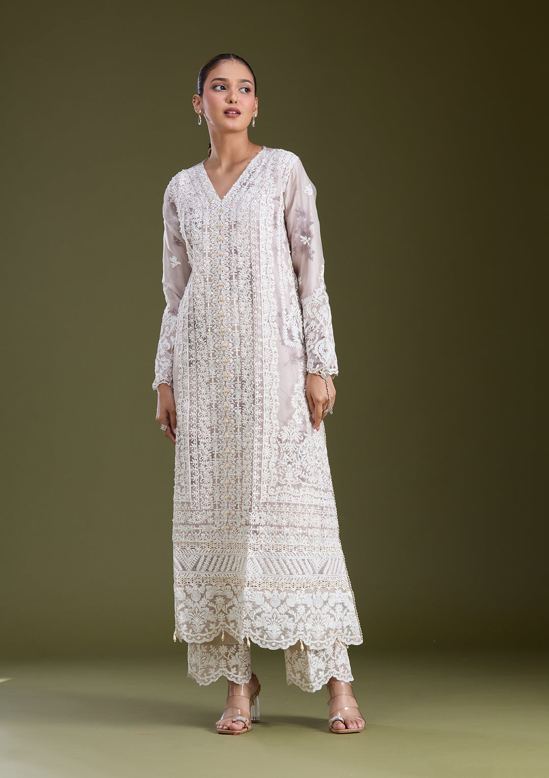 Beige Threadwork Chanderi Readymade Salwar Suit