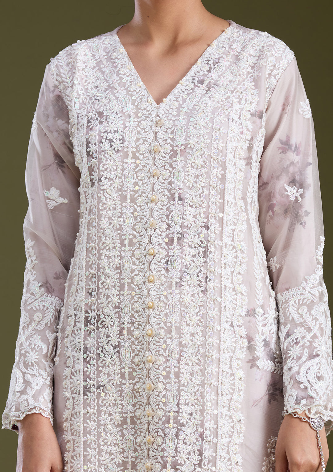 Beige Threadwork Chanderi Readymade Salwar Suit