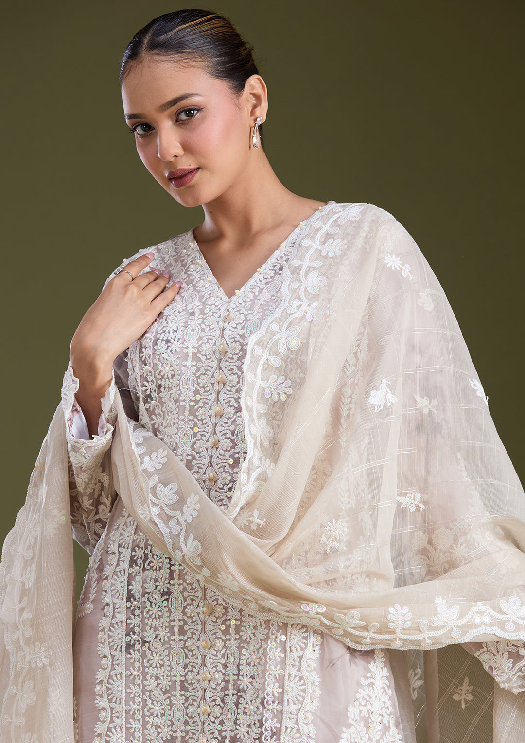 Beige Threadwork Chanderi Readymade Salwar Suit