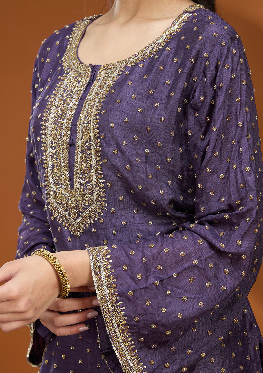 Purple Cutdana Soft Raw Silk Readymade Salwar Suit