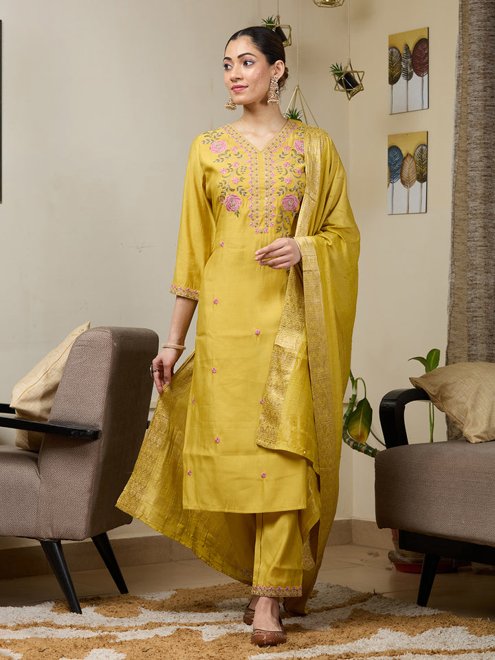 Mustard Yellow Threadwork Soft Raw Silk Readymade Salwar Suit