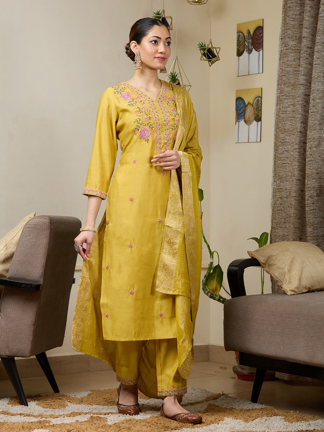 Mustard Yellow Threadwork Soft Raw Silk Readymade Salwar Suit