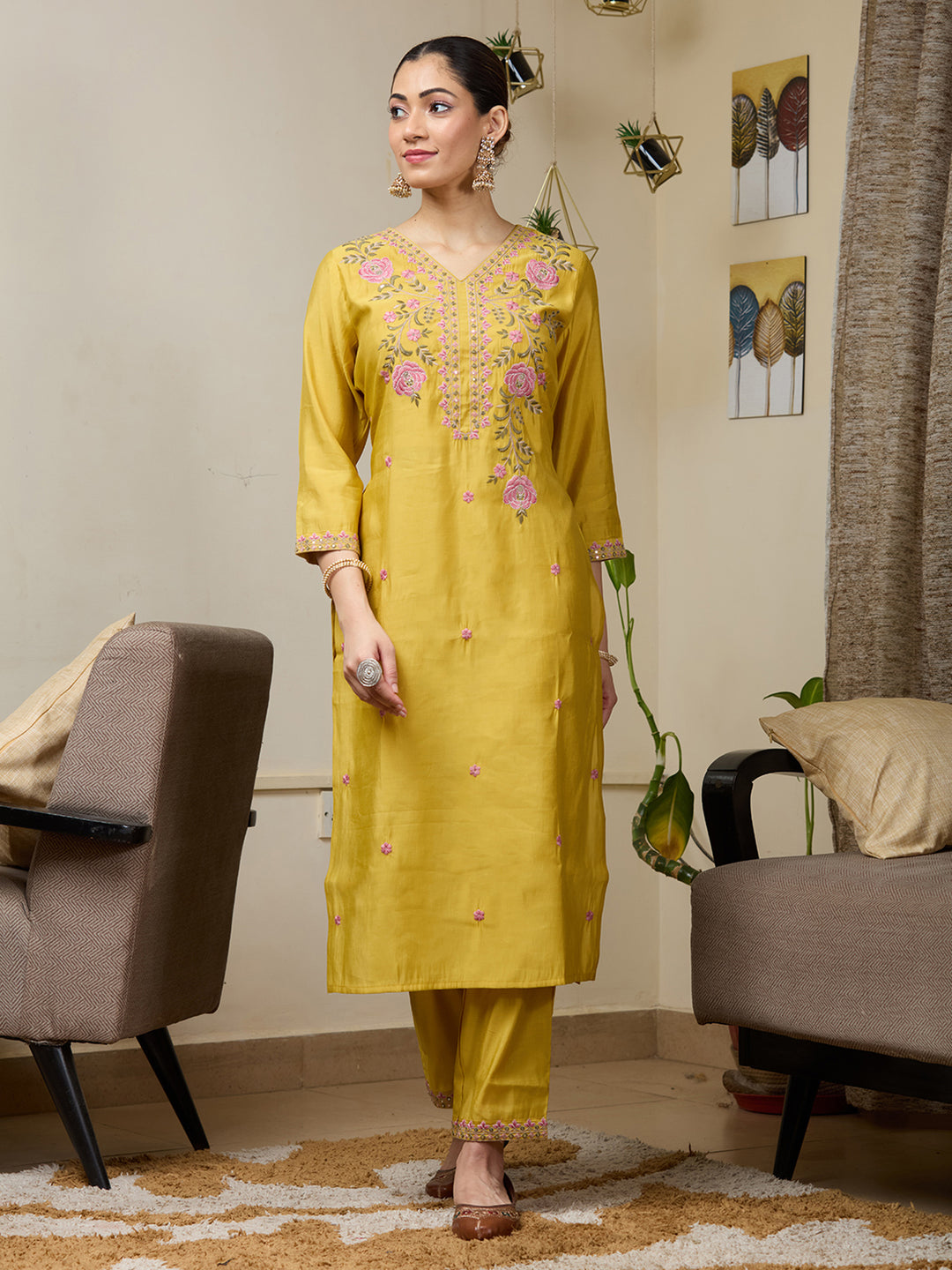 Mustard Yellow Threadwork Soft Raw Silk Readymade Salwar Suit