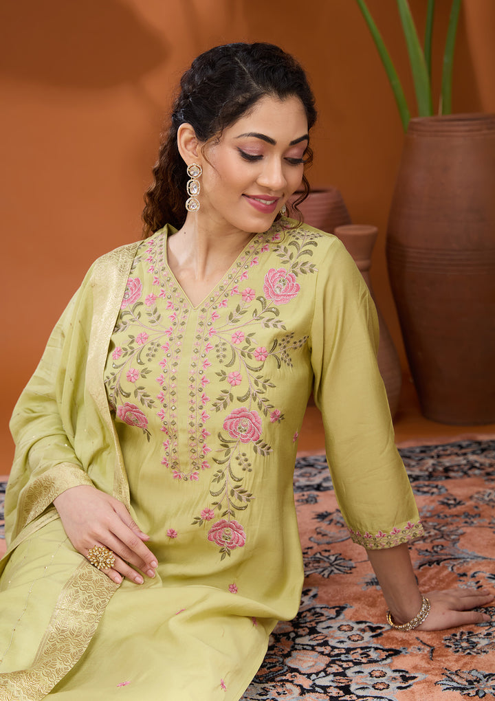 Pista Green Threadwork Soft Raw Silk Readymade Salwar Suit