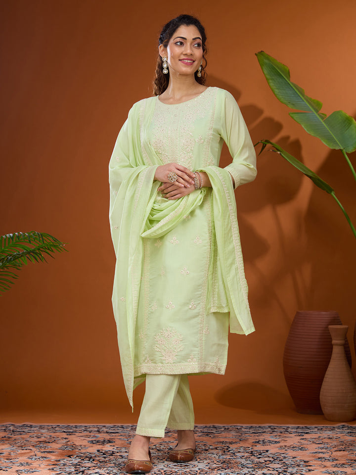 Pista Green Threadwork Chanderi Readymade Salwar Suit