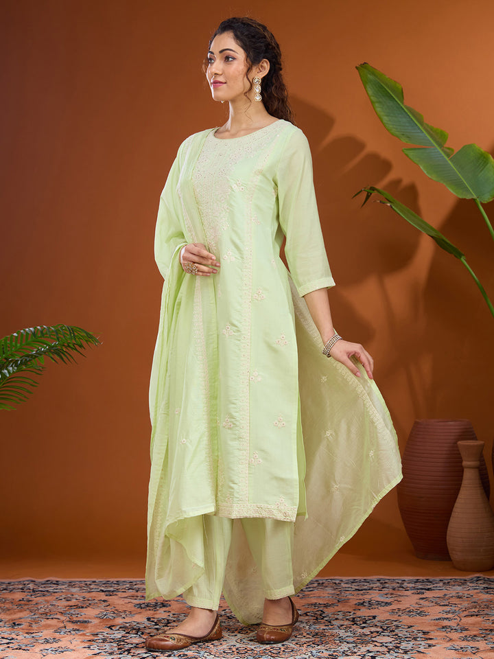 Pista Green Threadwork Chanderi Readymade Salwar Suit