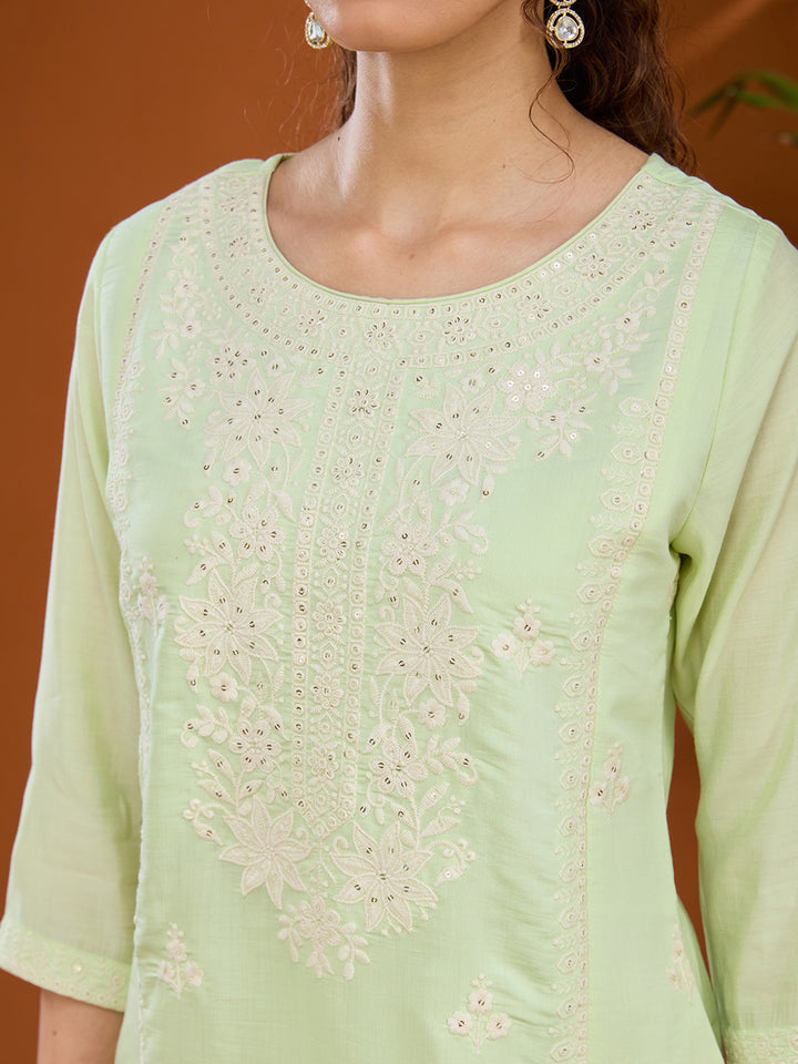 Pista Green Threadwork Chanderi Readymade Salwar Suit