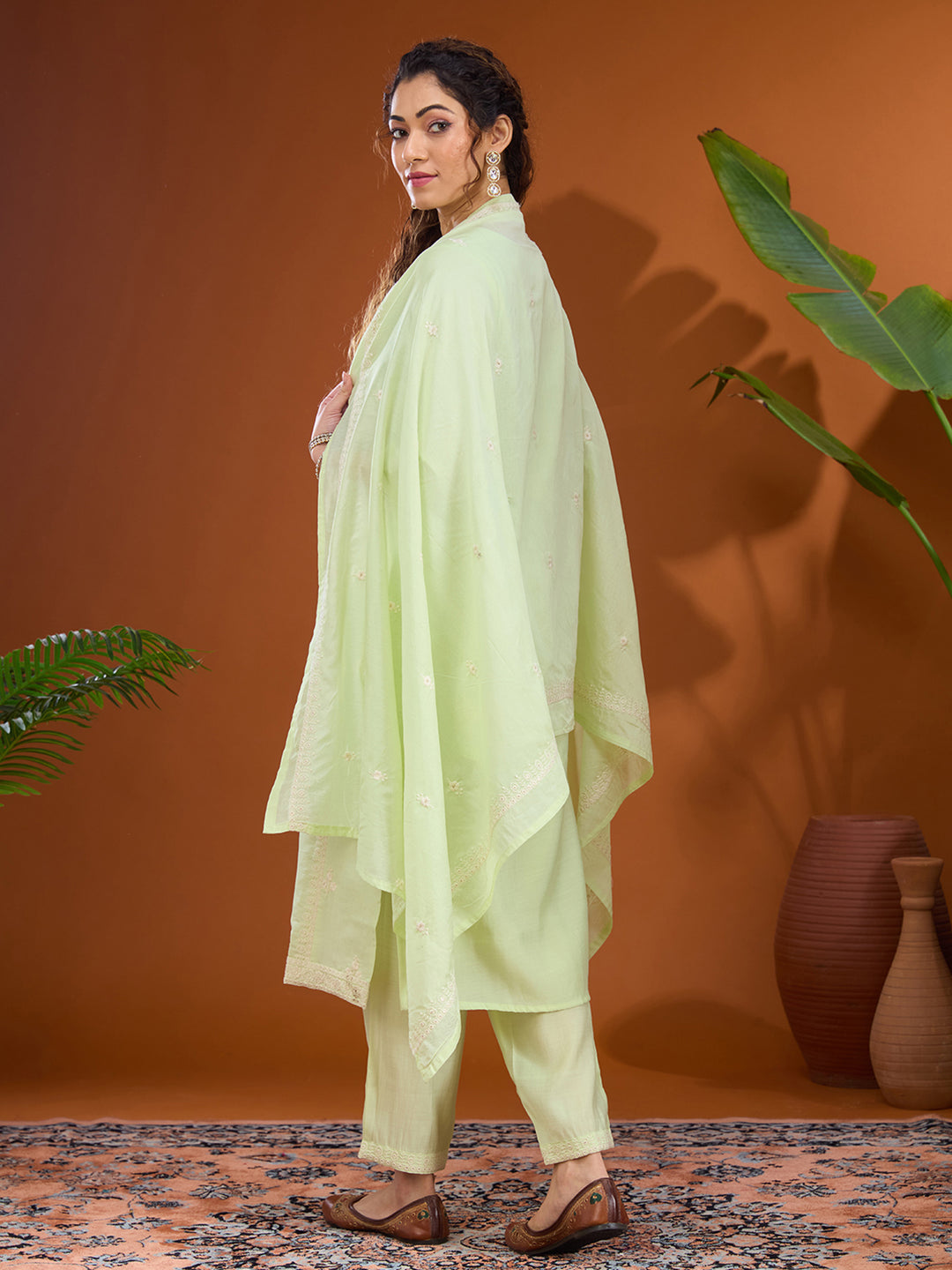 Pista Green Threadwork Chanderi Readymade Salwar Suit