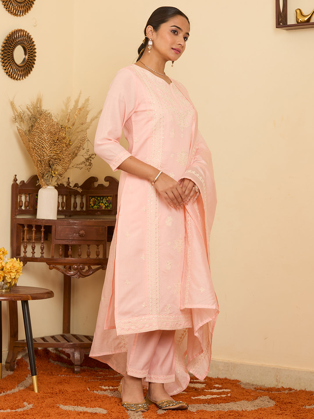 Peach Threadwork Chanderi Readymade Salwar Suit