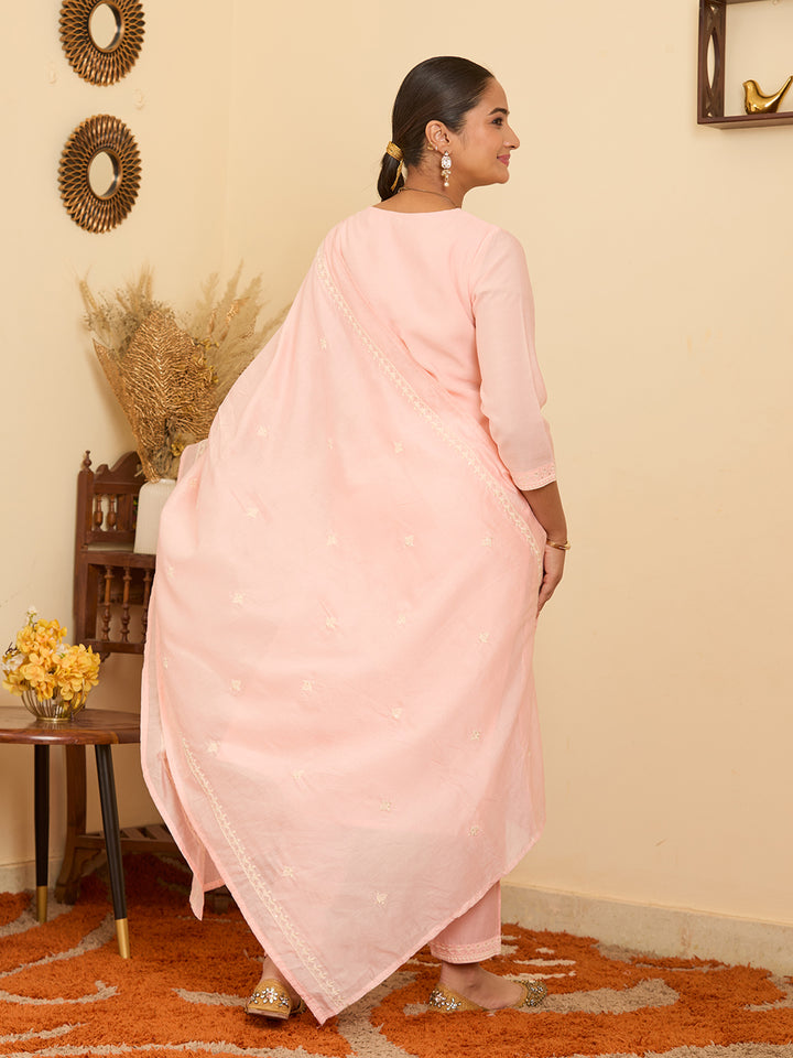 Peach Threadwork Chanderi Readymade Salwar Suit