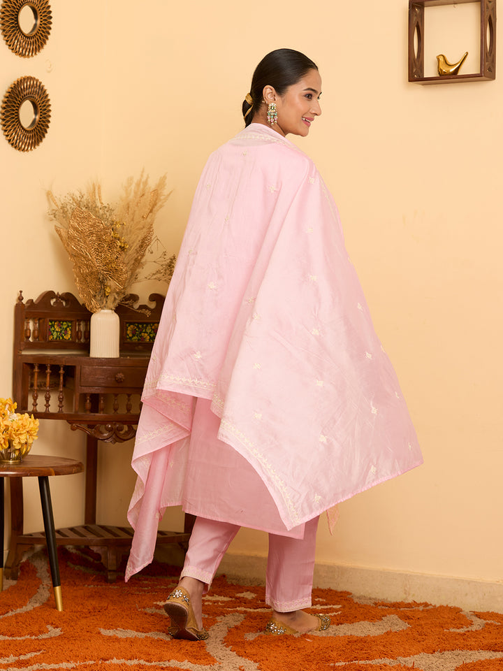 Pink Threadwork Chanderi Readymade Salwar Suit