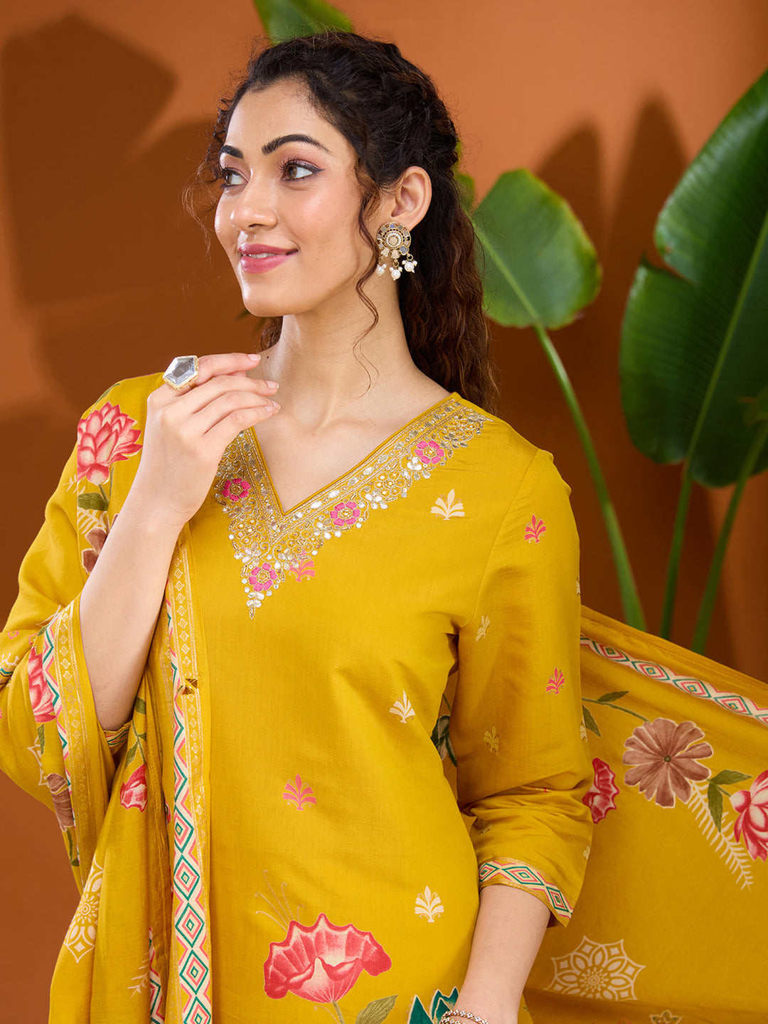 Mustard Yellow Threadwork Soft Raw Silk Readymade Salwar Suit