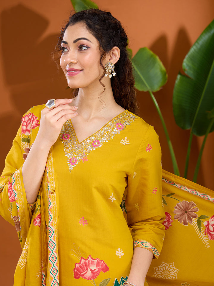 Mustard Yellow Threadwork Soft Raw Silk Readymade Salwar Suit