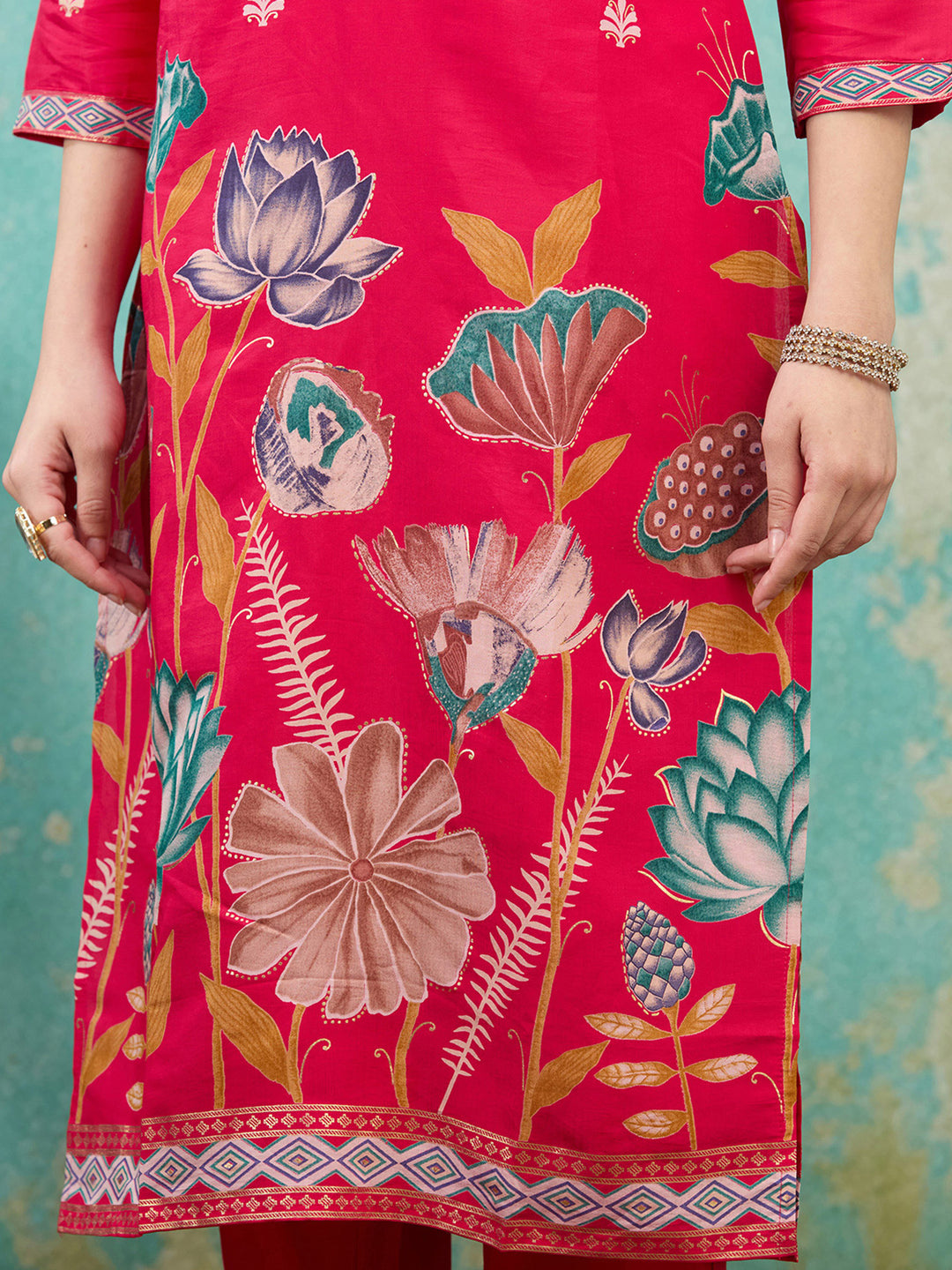 Rani Pink Threadwork Soft Raw Silk Readymade Salwar Suit