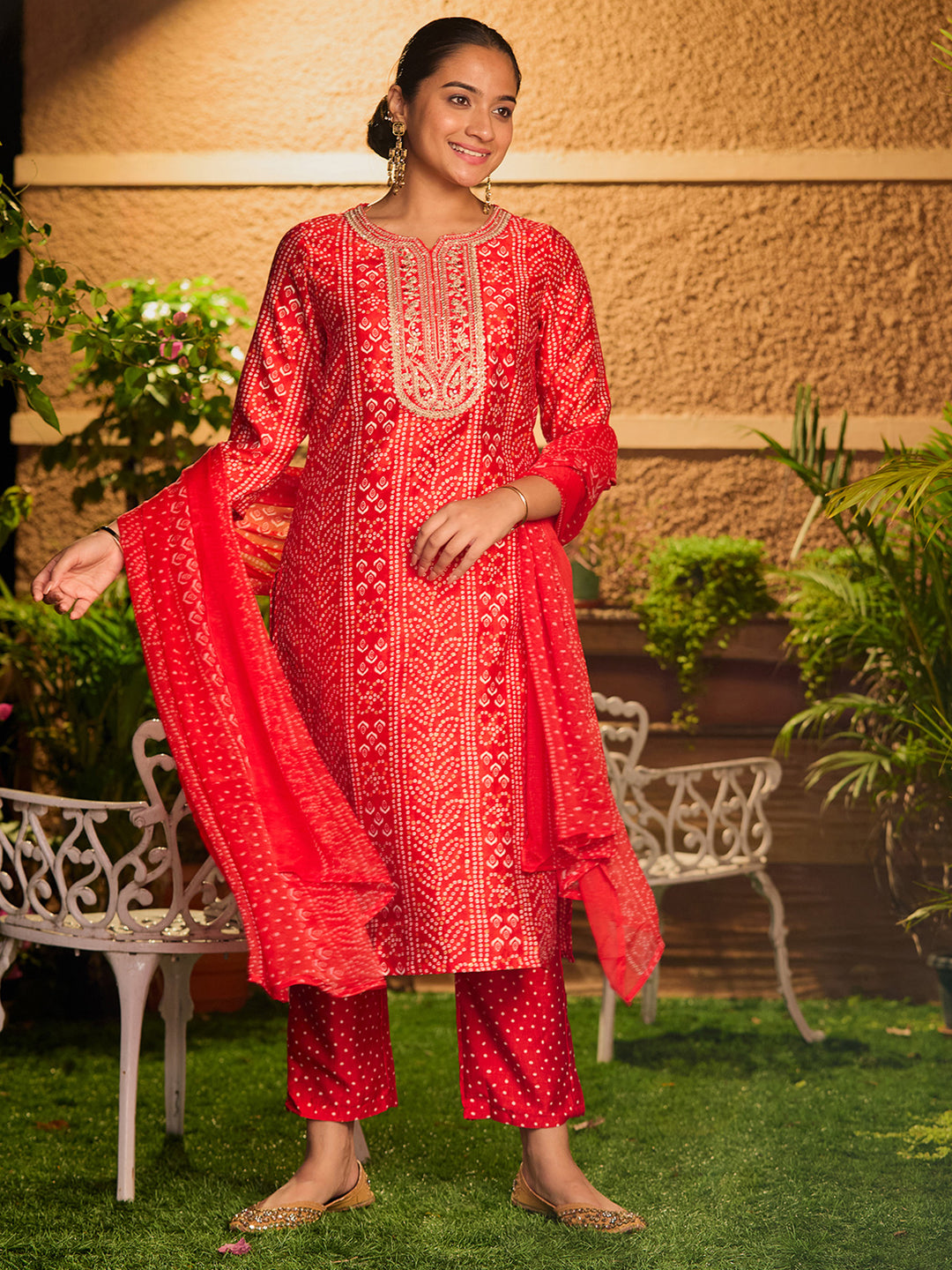 Red Cording Raw Silk Readymade Salwar Suit