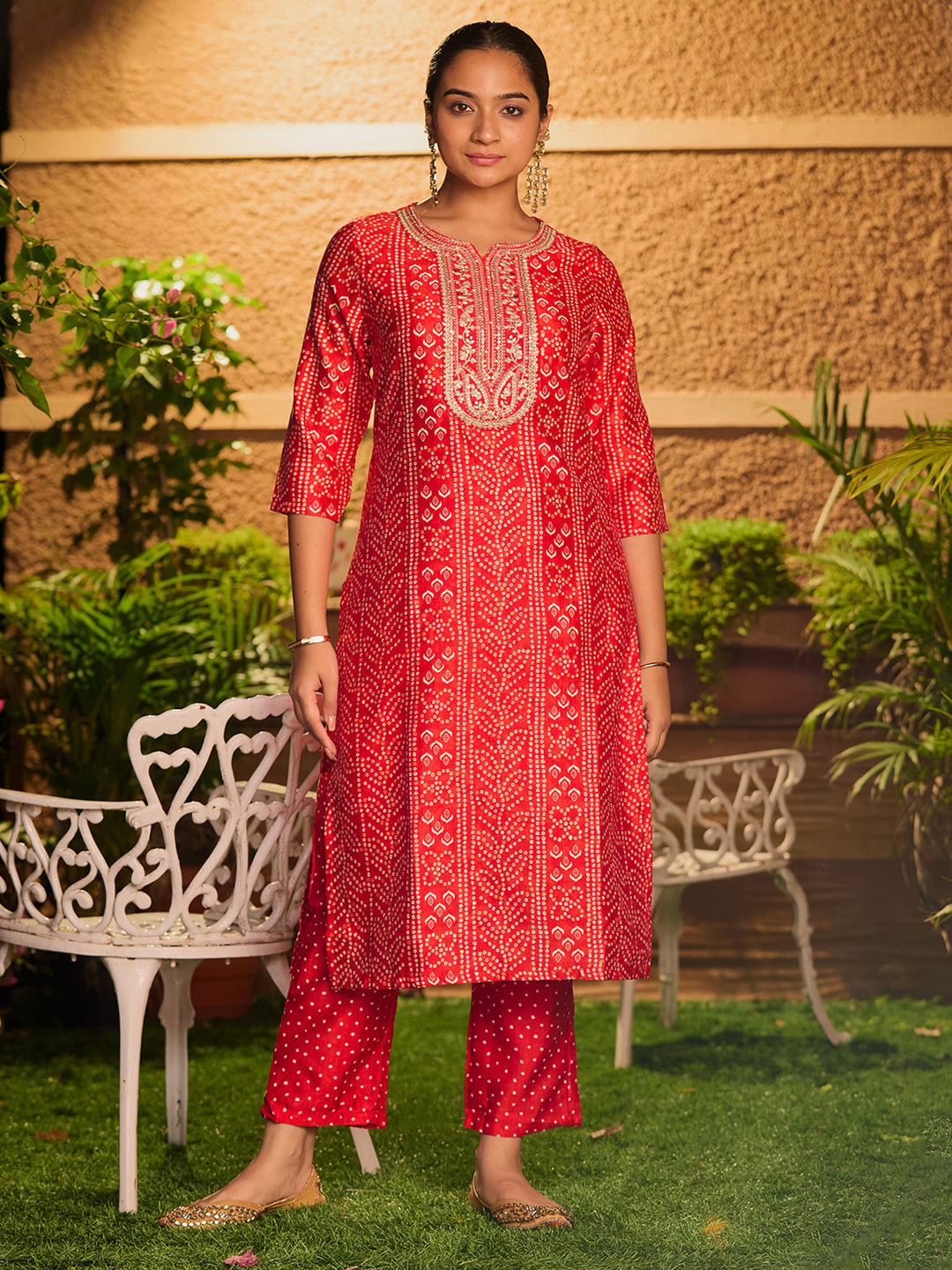 Red Cording Raw Silk Readymade Salwar Suit
