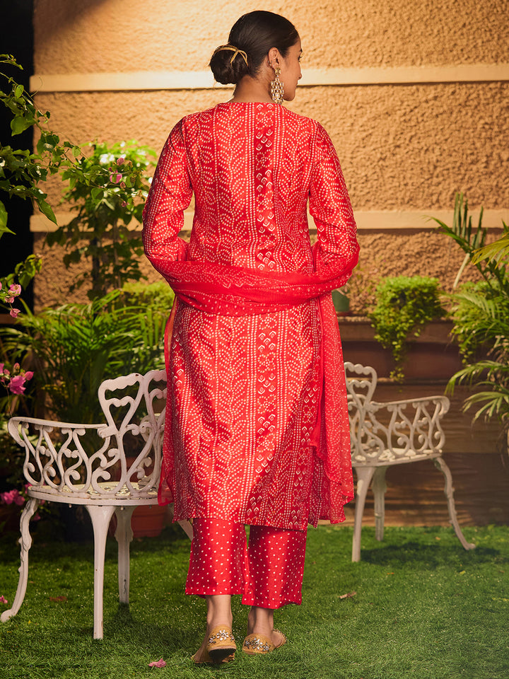 Red Cording Raw Silk Readymade Salwar Suit