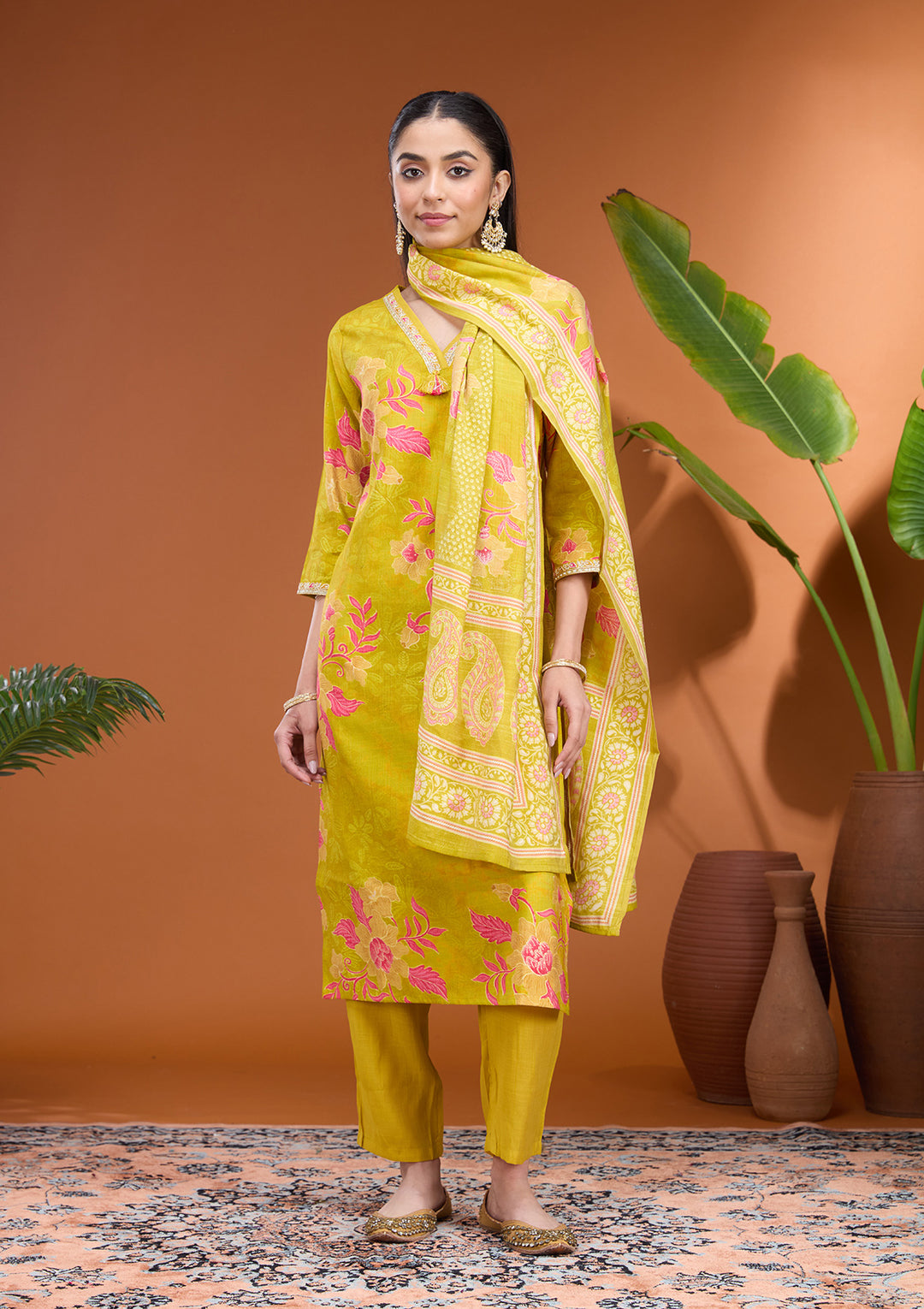 Mehandi Green Cording Soft Raw Silk Readymade Salwar Suit