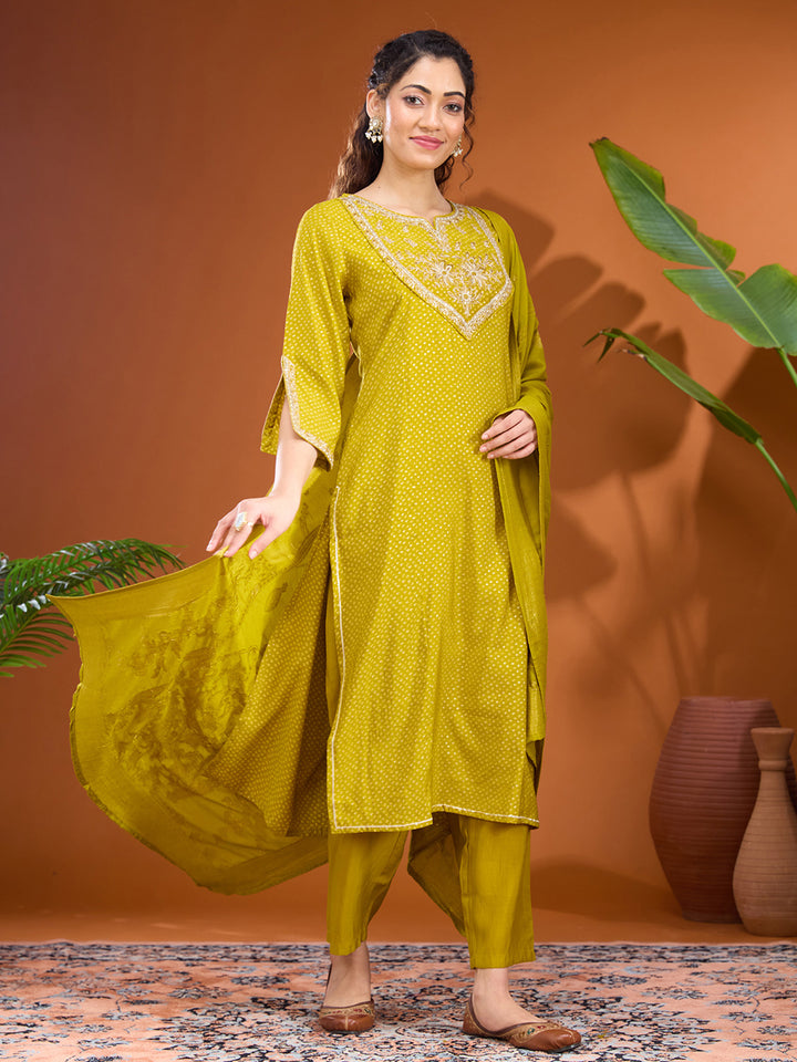 Mehandi Green Cording Chanderi Readymade Salwar Suit