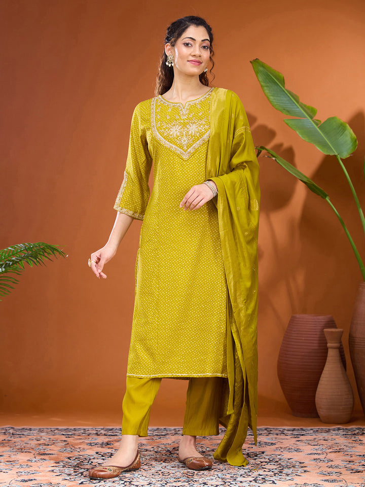 Mehandi Green Cording Chanderi Readymade Salwar Suit