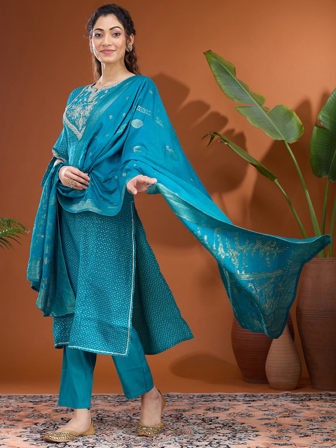 Turquoise Blue Cording Chanderi Readymade Salwar Suit