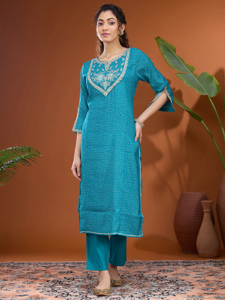 Turquoise Blue Cording Chanderi Readymade Salwar Suit