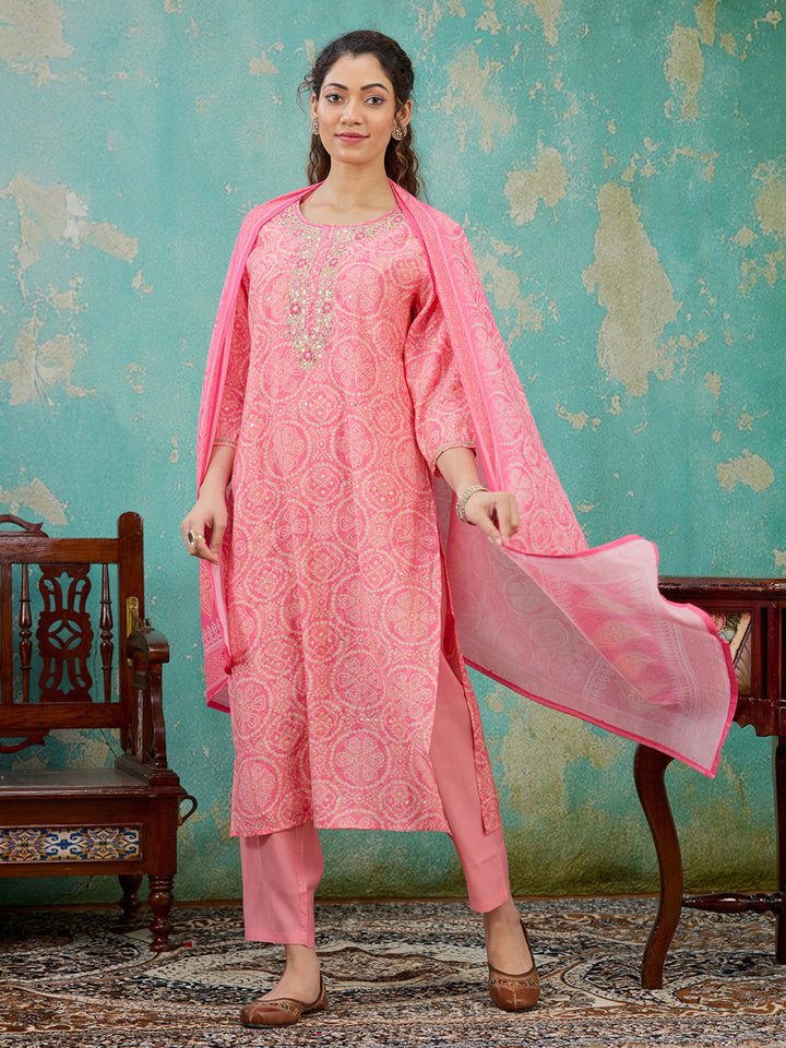 Pink Threadwork Chanderi Readymade Salwar Suit