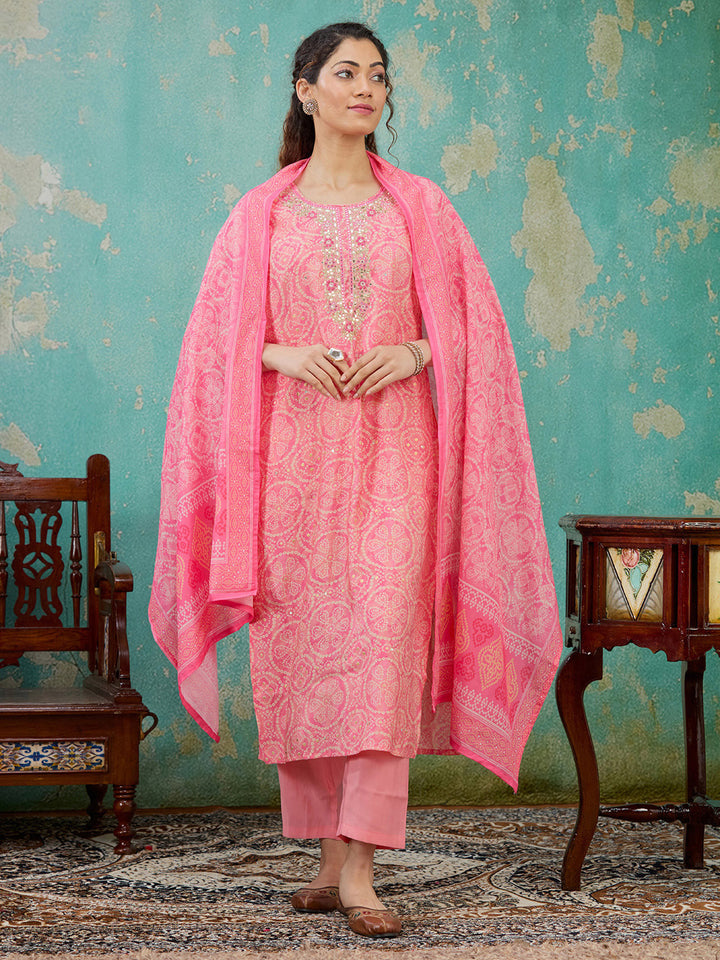 Pink Threadwork Chanderi Readymade Salwar Suit
