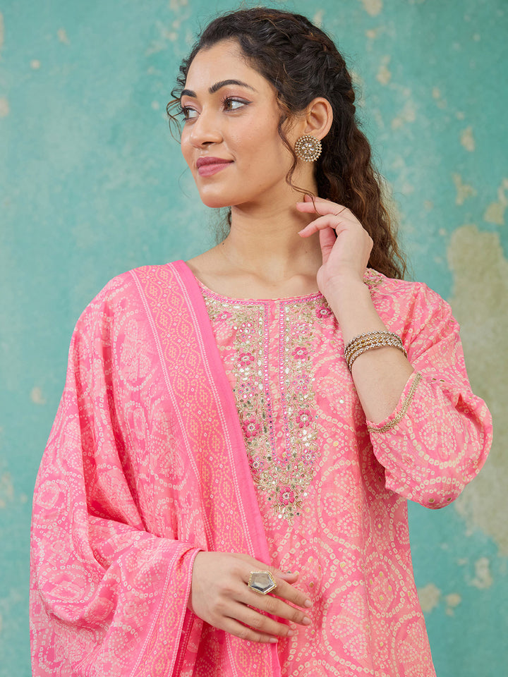 Pink Threadwork Chanderi Readymade Salwar Suit