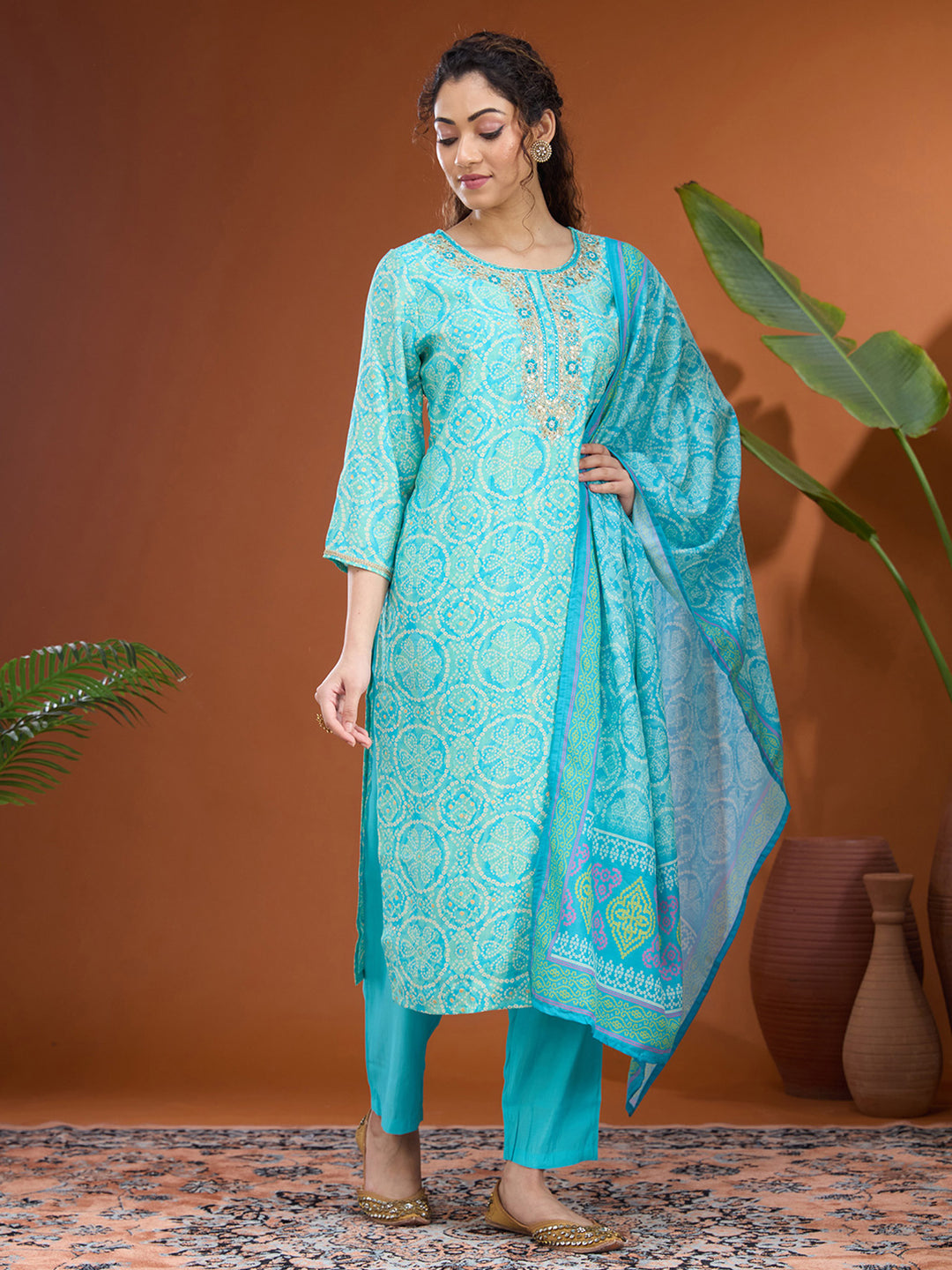 Turquoise Blue Threadwork Chanderi Readymade Salwar Suit