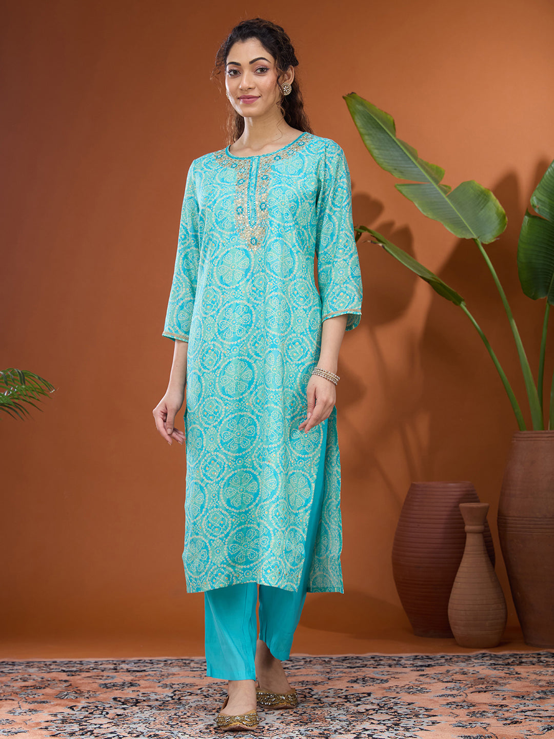 Turquoise Blue Threadwork Chanderi Readymade Salwar Suit