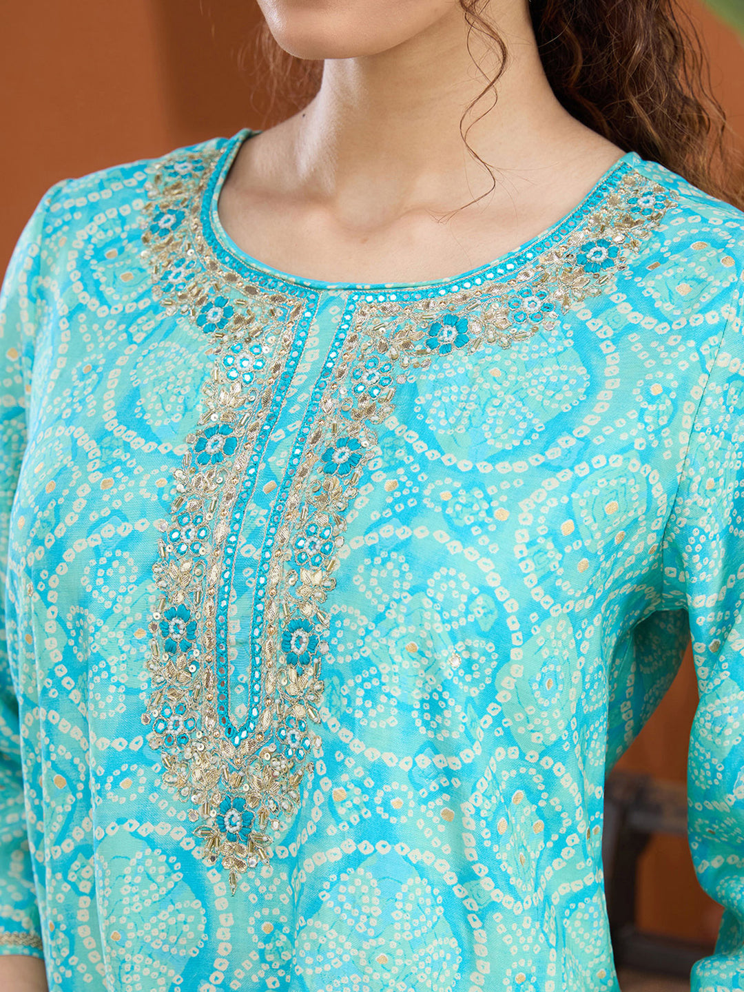 Turquoise Blue Threadwork Chanderi Readymade Salwar Suit